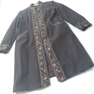 Mawar Long Embroidered Coat Dark Brown Lined Fine Corduroy Side Pockets Large
